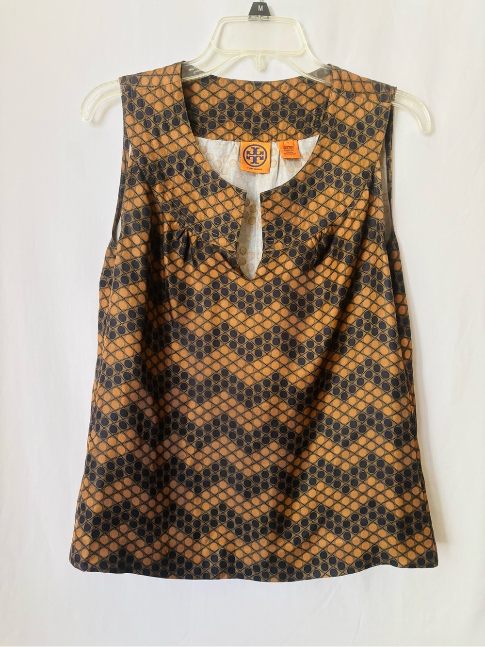 Tory Burch 100% Silk Geometric Sleeveless Blouse Black Gold Size 6